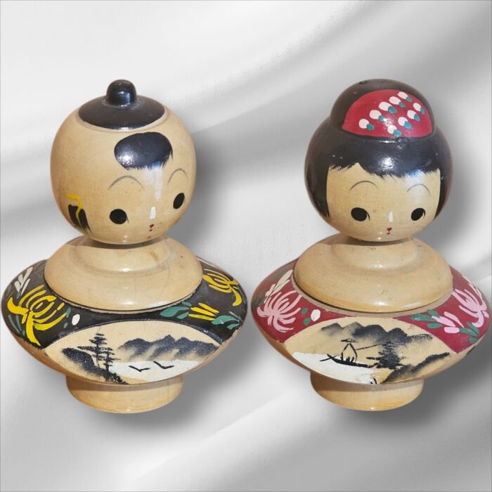 Pair of Vintage Japanese Kokeshi Dolls, Signed Unique Body Design from Japan.