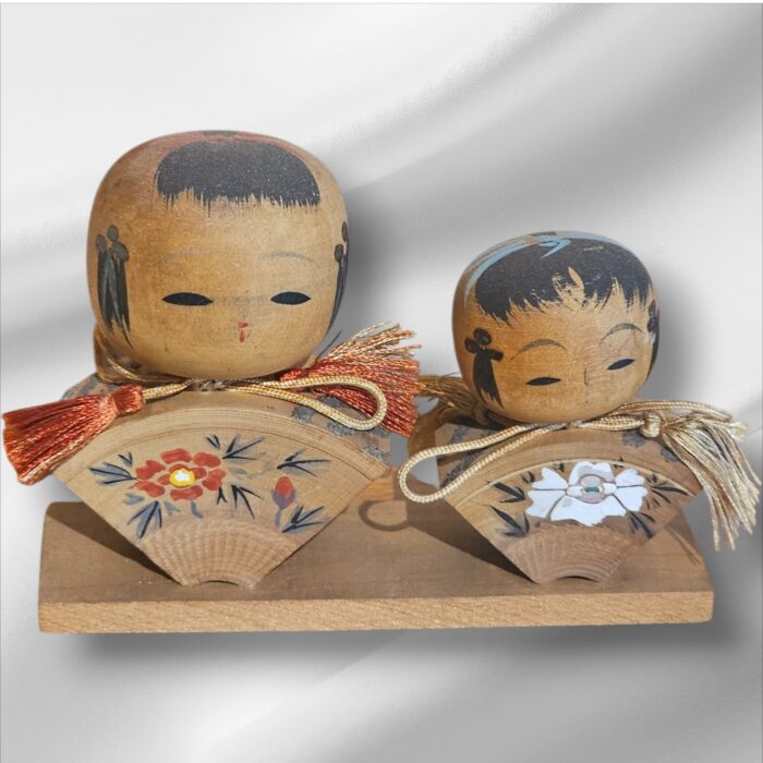 Pair of Vintage Japanese Kokeshi Dolls, Folding Fan from Japan.